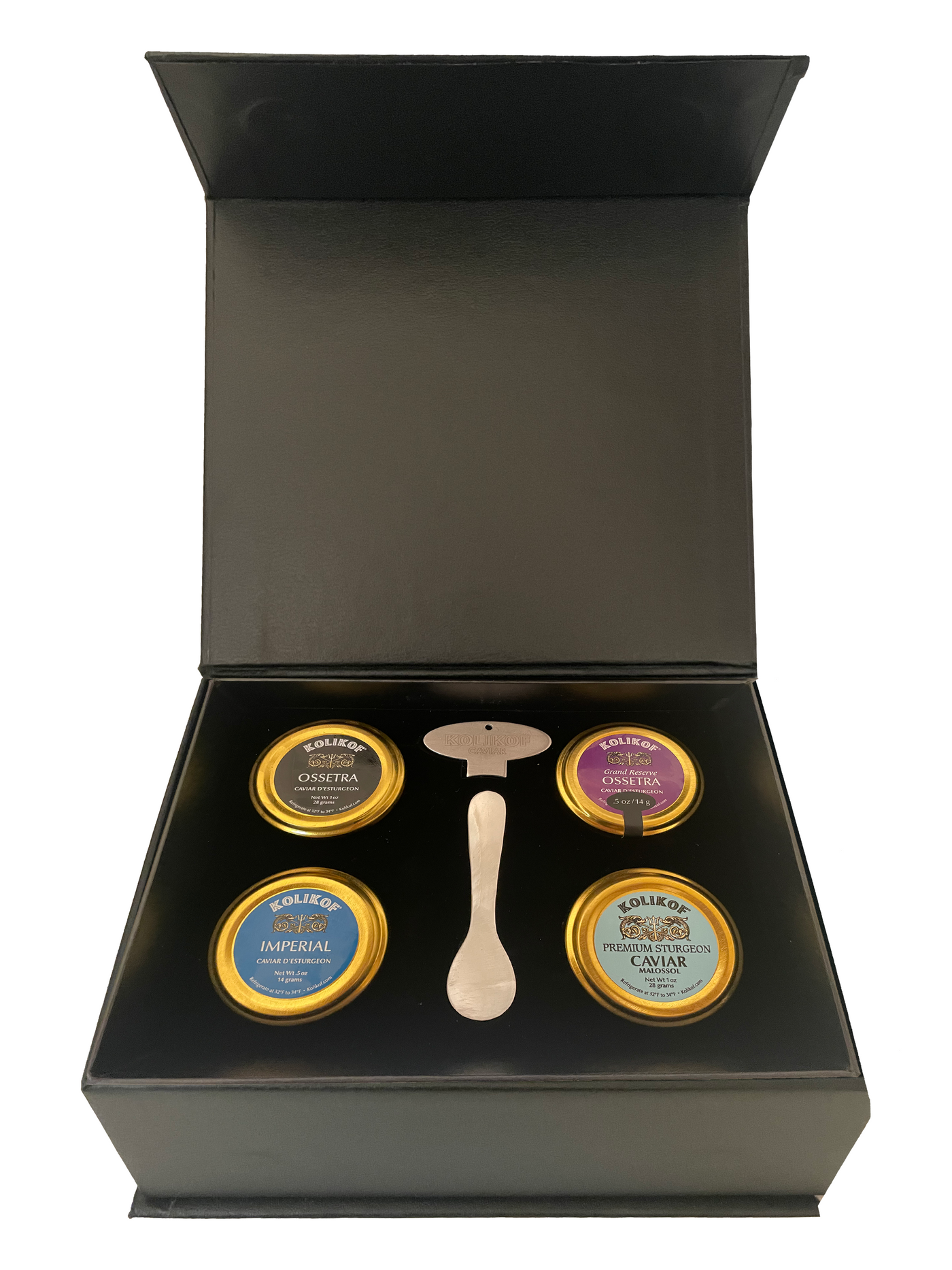 Holiday Caviar Gift - Four 1oz Glass Caviar Jars (Gift Box, 2 Spoons & 1 Key)